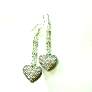 Silver crystal heart drop earrings with rhinestone sparkle, crystal beads, and a yellow accent on a sterling silver hook post.