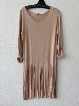 Natural Solid Long Sleeve Bottom Fringe Tunic