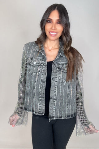 Grey Denim Crystal Mesh Sleeve Jacket - Born To Glam