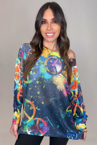 Peace and Love Navy Round Neck Knit Printed Sweater - Born To Glam