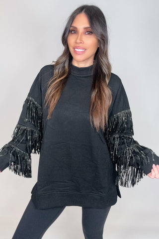 Black Studded Fringe Sleeve Top - Born To Glam