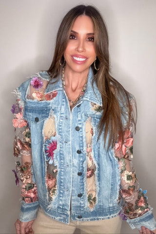 Denim Jacket with Floral Organza