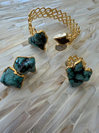 Style the Turquoise & Pearl Gemstone Brass Earring Ring & Bracelet Set exclusively at Born To Glam
