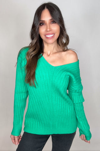 Green V-Neck Drop Shoulder Ribbed Knitted Sweater - Born To Glam