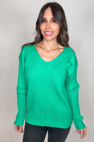 Green V-Neck Drop Shoulder Ribbed Knitted Sweater - Born To Glam