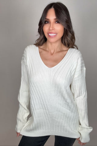 Off-White V-Neck Drop Shoulder Ribbed Knitted Sweater - Born To Glam