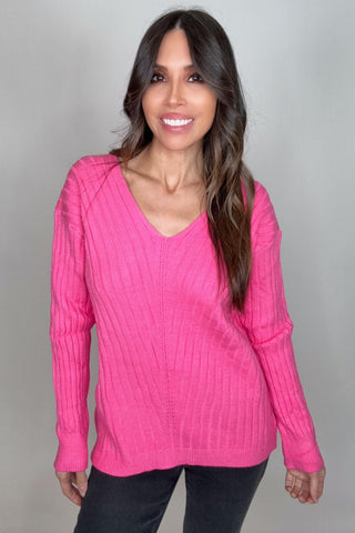 Fuchsia V-Neck Drop Shoulder Ribbed Knitted Sweater - Born To Glam