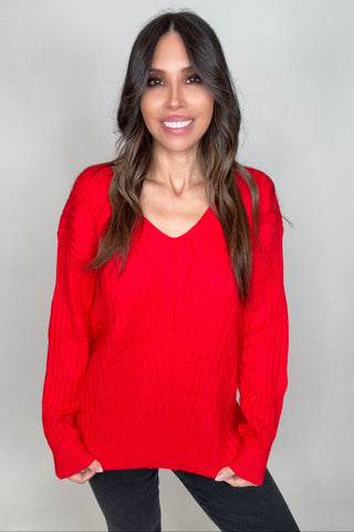 Red V-Neck Drop Shoulder Ribbed Knitted Sweater - Born To Glam