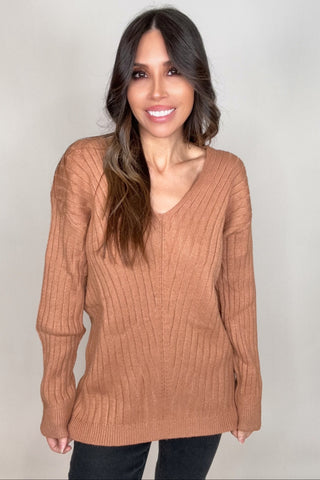 Mocha V-Neck Drop Shoulder Ribbed Knitted Sweater - Born To Glam