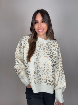 Gold Foil Leopard Print Crew Neck Knitted Sweater Top - Born To Glam