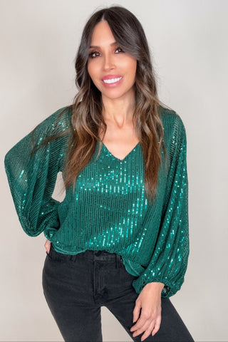 Hunter Green V-Neck Balloon Sleeves Sequin Blouse Top - Born To Glam
