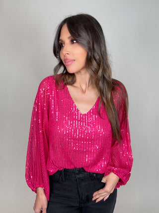 Fuchsia V-Neck Balloon Sleeves Sequin Blouse Top - Born To Glam