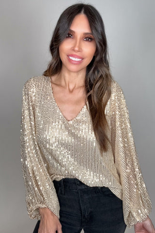 Gold V-Neck Balloon Sleeves Sequin Blouse Top - Born To Glam