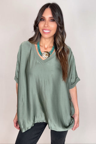 Olive Dressy Satin Front Fluid Blouse - Born To Glam