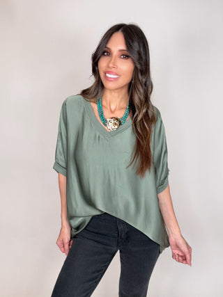 Olive Dressy Satin Front Fluid Blouse - Born To Glam