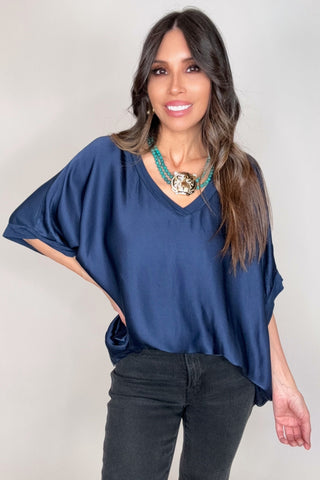 Navy Dressy Satin Front Fluid Blouse - Born To Glam