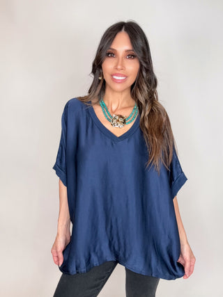 Navy Dressy Satin Front Fluid Blouse - Born To Glam