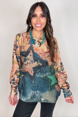 Navy Star Round Neck Knit Printed Sweater - Born To Glam