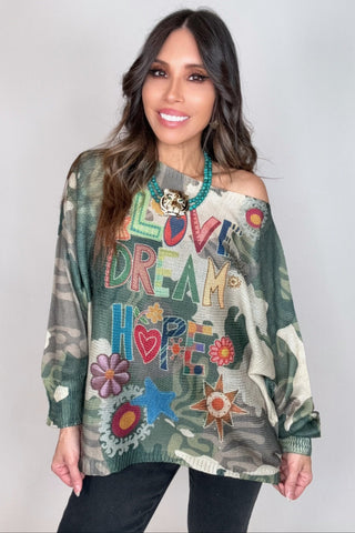 Camo Round Neck Knit Printed Sweater - Born To Glam
