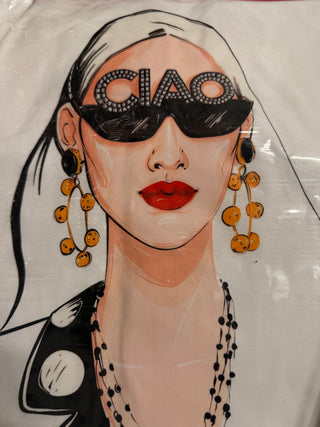 White graphic tee featuring an illustrated glam woman with CIAO sunglasses, bold earrings, red lips, and black and red accent details.
