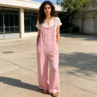 Blush pink wide leg jumpsuit with adjustable straps, front button detail, and functional pockets.