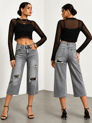 Grey Distressed Crop Wide Leg Jeans - Born To Glam