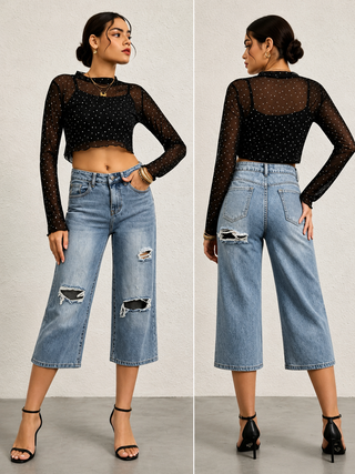Blue Distressed Crop Wide Leg Jeans - Born To Glam