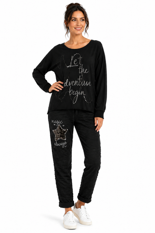 Black Embellished Crinkle Jogger Pants