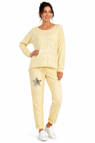 Yellow Embellished Crinkle Jogger Pants