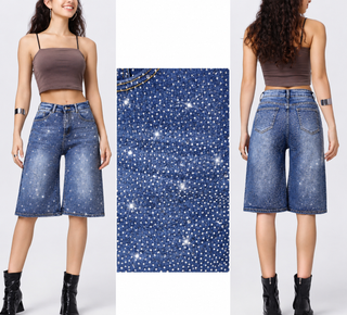Deep Blue Crystal Embellished Bermuda Shorts