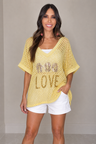 Yellow Sequin Love Mesh Graphic Top