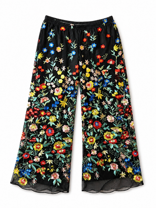 Black Floral Embroidered Wide Leg Pants