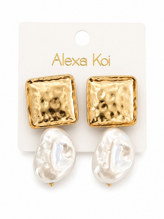 Gold Hammered Square & Baroque Pearl Drop Earrings
