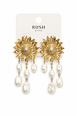 Gold Sunflower Pearl Drop Statement Earrings