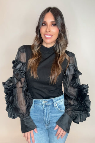 Rosette Ruffle Sheer Sleeve Jersey Top - Born To Glam