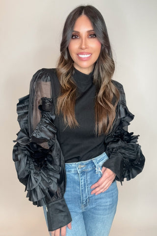Rosette Ruffle Sheer Sleeve Jersey Top - Born To Glam