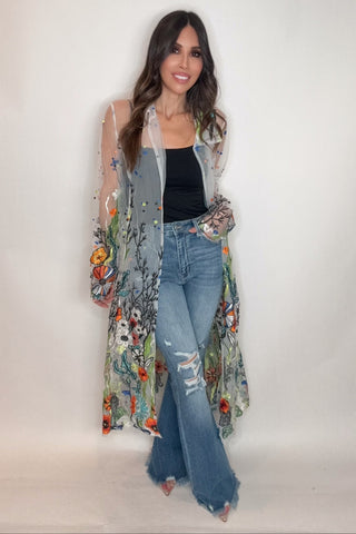 Long Floral Embroidered Duster - Born To Glam