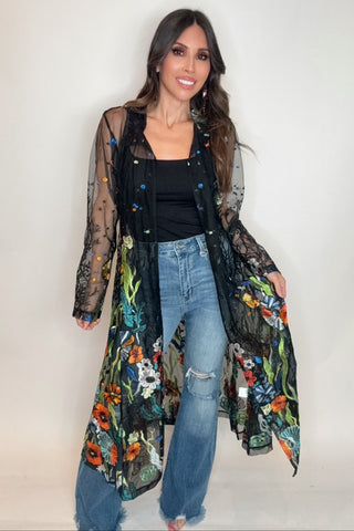 Long Black Embroidered Duster - Born To Glam