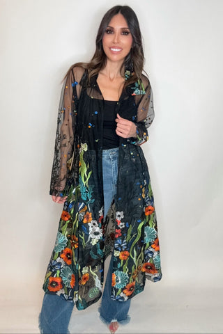 Long Black Embroidered Duster - Born To Glam