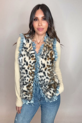 Denim Vest With Faux Fur Animal Print - Born To Glam