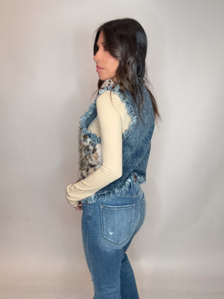 Denim Vest With Faux Fur Animal Print - Born To Glam