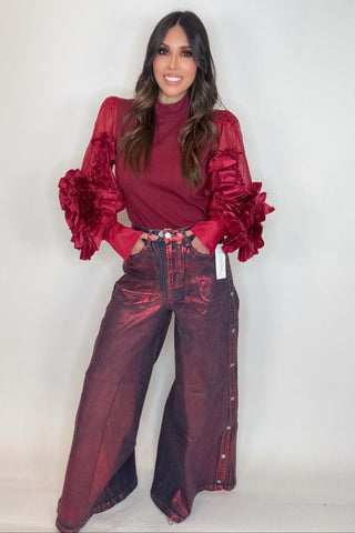 Rosette Ruffle Sheer Sleeve Jersey Top - Born To Glam