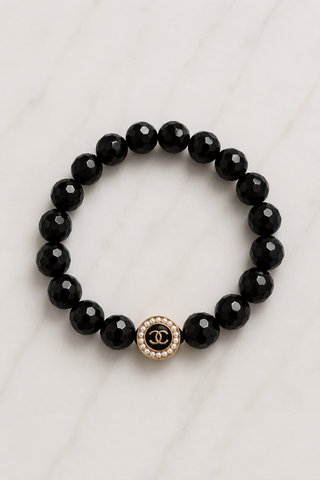 Black Faceted Bead Logo Embellished Bracelet