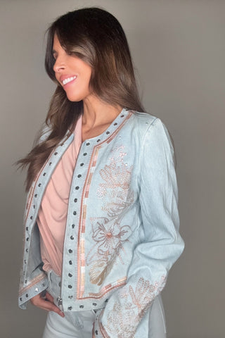 Embroidered Studded Denim Jacket - Born To Glam