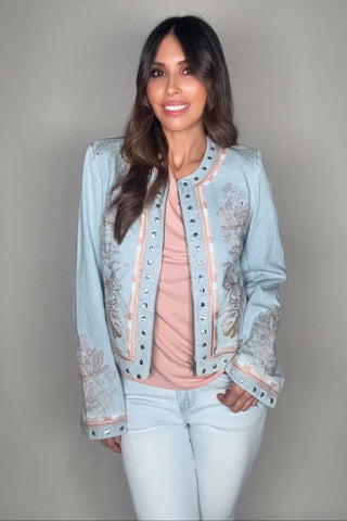 Embroidered Studded Denim Jacket - Born To Glam
