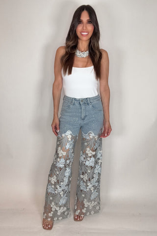 Blue High Rise Wide Leg Lace Embellished Jeans - Born To Glam
