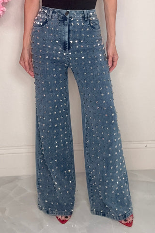 Blue Studded Wide Leg Denim Pants - Born To Glam