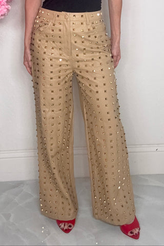 Beige Studded Wide Leg Faux Leather Pants