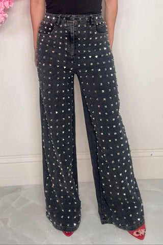 Black Studded Wide Leg Denim Pants - Born To Glam