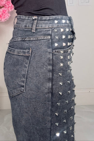 Black Studded Wide Leg Denim Pants - Born To Glam